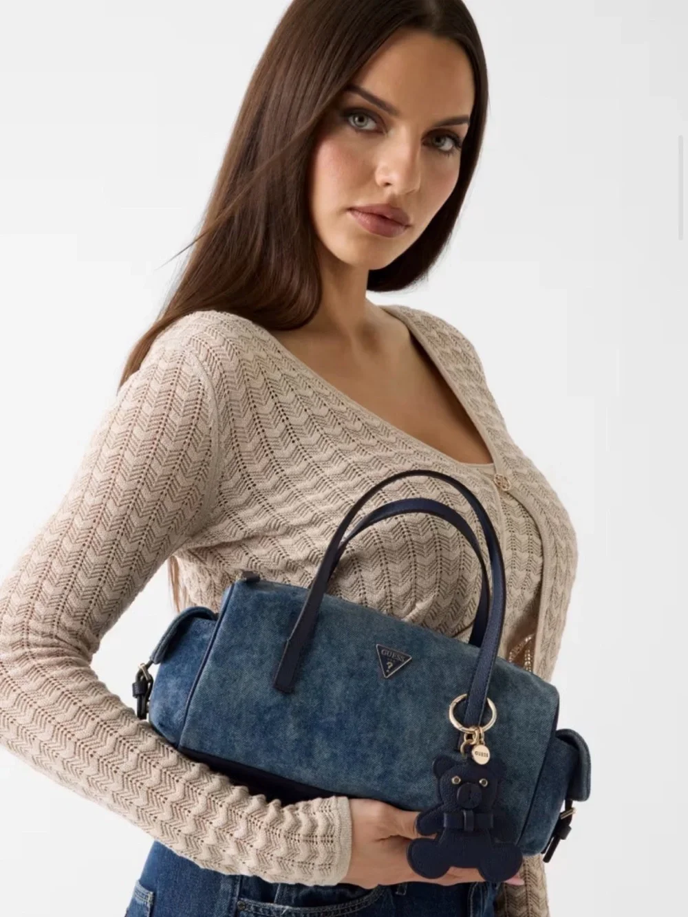 GUESS Navy Denim Barrel Satchel with Teddy Charm